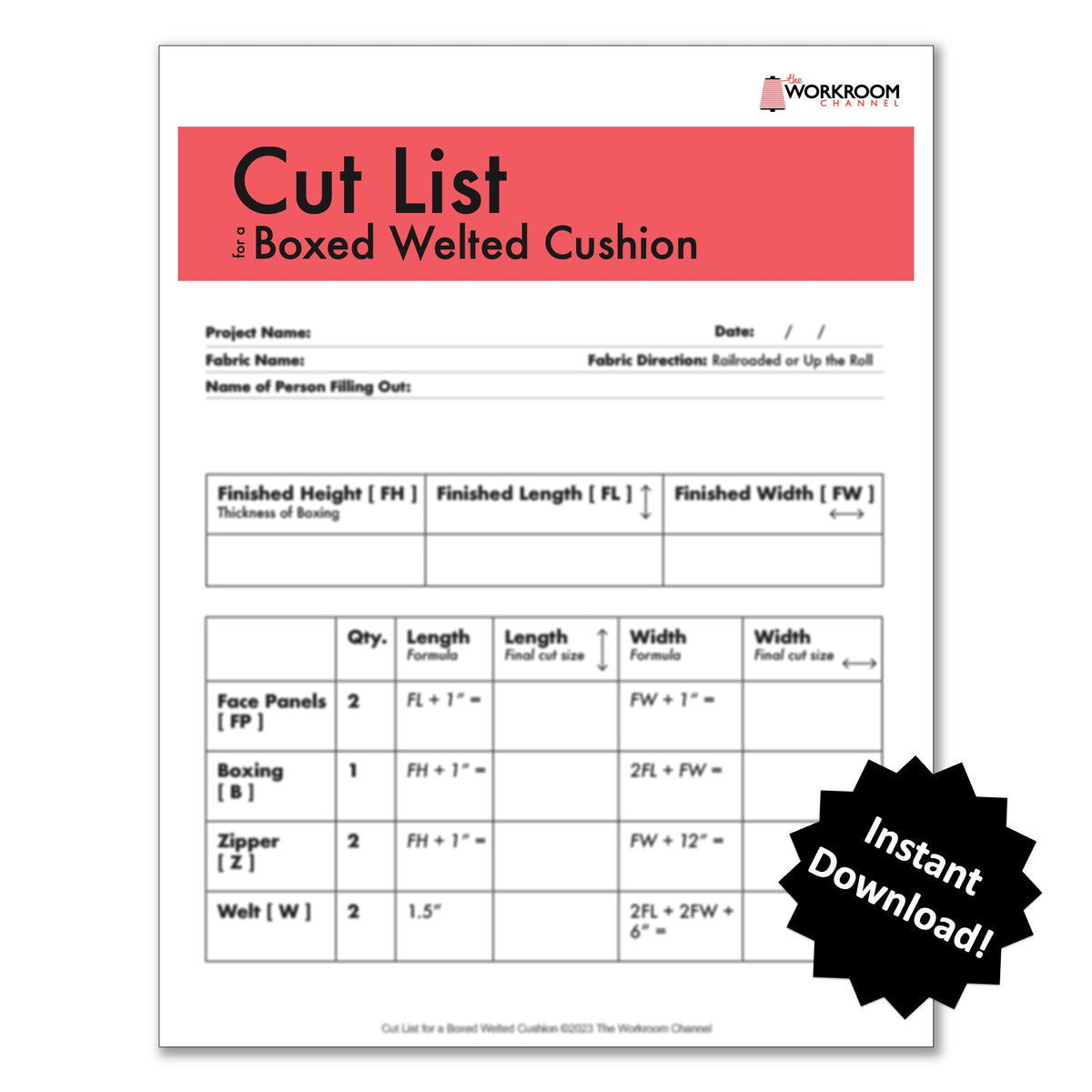 List Cut Reference: Cut List For A Boxed Welted Cushion